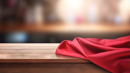 Aufkleber - Red fabric,cloth on wood table top on blur kitchen counter (room)background.For montage product display or design key visual layout.