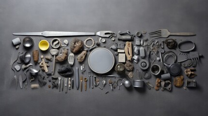 Poster - Recycling and ecology concept. Sorting household waste captured from above, flat lay. Grey concrete background