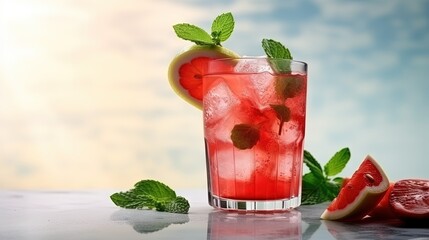 Poster - Iced fruit tea or cold watermelon drink in clear glass with mint leaf. Refreshing summer drink. Grey background, copy space.