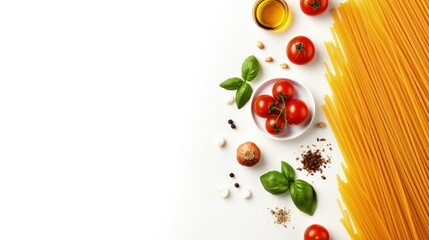 Aufkleber - Spaghetti with ingredients for cooking pasta on a white background, top view
