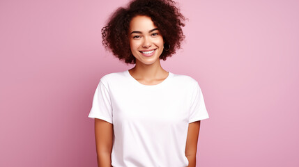 Poster - Young smiling caucasian woman with curly hair wearing blank white t-shirt isolated on a pink background. AI