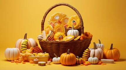 Poster - Baskets in the form of pumpkins with sweets on yellow background.