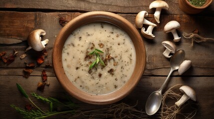 Poster - Mushroom soup with dried porcini mushrooms, bay leaf and pepper on rustic table texture background. View from above.