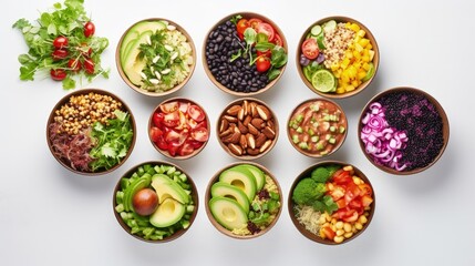 Poster - Healthy vegetarian and vegan salads and Buddha Bowls with vitamins, antioxidants, protein on light background. Top view, copy space