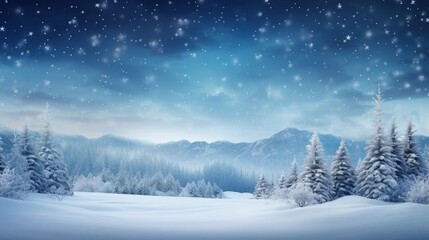 Poster - Winter background .Merry Christmas and happy New Year greeting card with copy-space. Christmas landscape with snow and fir trees