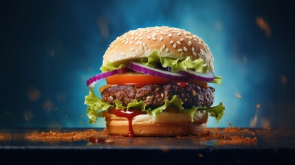 Vegan burger on a white table and with a dark blue background. Vegetable meat. Ready to eat.