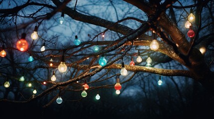 Fototapete - christmas lights hanging in a tree