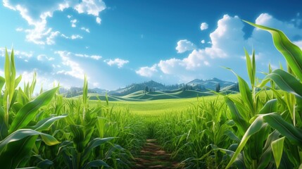Poster - Corn agriculture. Green nature. Rural field on farm land in summer. Plant growth. Farming scene. Outdoor landscape. Organic leaf. Crop season. Sun in the sky.