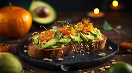 Sticker - Healthy avocado toasts with rye bread, sliced avocado, cheese, pumpkin, nut and sesame for breakfast or lunch. Vegetarian food. Vegan menu. Food recipe background. Close up.