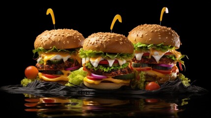 Halloween monster hamburgers on a paddle board against a black background