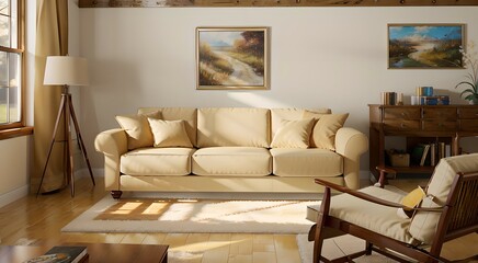 8. Modern furniture and framing. Sunlit windows, ivory or brown sofas and ivory-colored rooms.