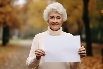 senior old woman hold blank paper in a park