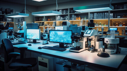 Wall Mural - A modern lab setup with an array of electron microscopes, pipettes, and test tubes, warm ambient lighting