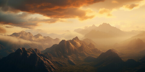 Canvas Print - landscape of a rugged mountain range at dusk, golden hour lighting, sweeping clouds, drone aerial sh
