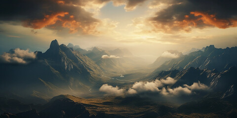 Canvas Print - landscape of a rugged mountain range at dusk, golden hour lighting, sweeping clouds, drone aerial sh