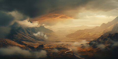Canvas Print - landscape of a rugged mountain range at dusk, golden hour lighting, sweeping clouds, drone aerial sh