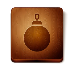 Poster - Brown Christmas ball icon isolated on white background. Merry Christmas and Happy New Year. Wooden square button. Vector