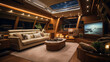 Inside a luxury yacht, showing opulent furnishings and state - of - the - art technology, warm lighting