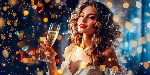 Wall Mural - Girl drinks sparkling wine to celebrate the new year