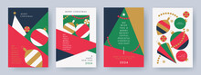 Merry Christmas And Happy New Year Greeting Card Set. Modern Xmas Geometric Design With Typography, Beautiful Christmas Tree, Ball, Snowflake, Garland Pattern. Minimal Buty Covers Or Posters Design