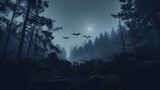 Fototapeta  - Dead cliff road on the dead mysterious forest with three crows on the night. Generative Ai