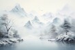 A serene and hazy winter landscape featuring mountains, river, and forest executed in oriental watercolor style. Generative AI