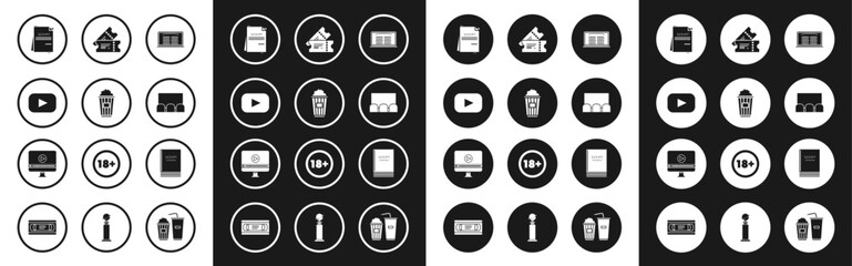 Poster - Set Buy cinema ticket online, Popcorn cardboard box, Play, Scenario, , Cinema, and Online play video icon. Vector