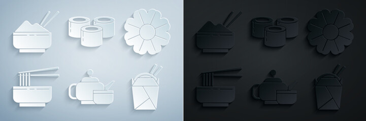 Poster - Set Japanese tea ceremony, Flower, Asian noodles in bowl and chopsticks, paper box, Sushi and Rice with icon. Vector