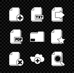 Poster - Set Add new file, TXT document, Next page arrow, Delete, cloud, Document with search, PDF and folder icon. Vector
