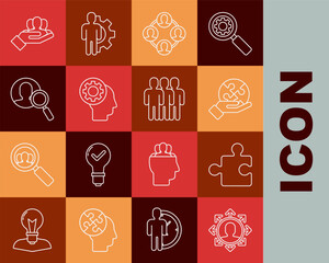 Poster - Set line Project team base, Piece of puzzle, in hand, Human head with gear inside, Magnifying glass for search people, and Users group icon. Vector