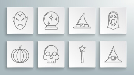 Poster - Set line Pumpkin, Magic ball, Skull, wand, Witch hat, Funny scary ghost mask for Halloween and Vampire icon. Vector