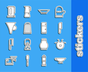 Wall Mural - Set line Sauce boat, Kitchen apron, Bread knife, Bowl, Grater, Funnel or filter, Kettle with handle and Refrigerator icon. Vector