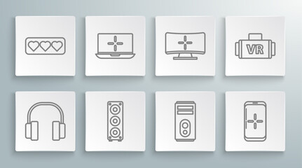 Poster - Set line Headphones, Laptop, Stereo speaker, Computer, Smartphone and playing in game, monitor, Virtual reality glasses and Like heart icon. Vector