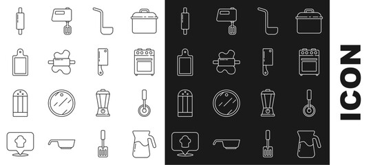 Sticker - Set line Jug glass with water, Pizza knife, Oven, Kitchen ladle, Rolling pin on dough, Cutting board, and Meat chopper icon. Vector