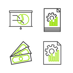 Canvas Print - Set line Document with graph chart, Stacks paper money cash, and Board icon. Vector