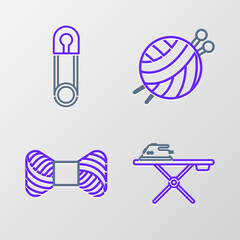 Sticker - Set line Electric iron and ironing board, Sewing thread spool, Yarn ball with knitting needles and Classic closed steel safety pin icon. Vector