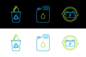 Poster - Set line Battery with recycle symbol, Recycle bin and Canister for gasoline icon. Vector