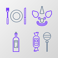 Poster - Set line Lollipop, Bottle of wine, Clown head and Plate, fork and knife icon. Vector