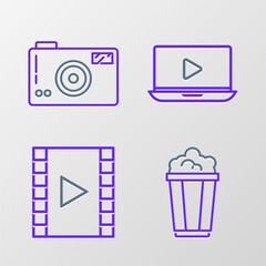 Poster - Set line Popcorn in cardboard box, Play Video, Online play video and Photo camera icon. Vector