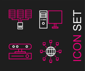 Poster - Set line Social network, Motion sensor, Computer monitor and Server, Data, Web Hosting icon. Vector