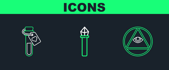 Poster - Set line Masons, Bottle with love potion and Magic staff icon. Vector