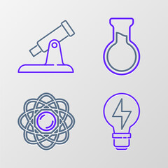 Fototapete - Set line Light bulb with lightning, Atom, Test tube and flask and Telescope icon. Vector
