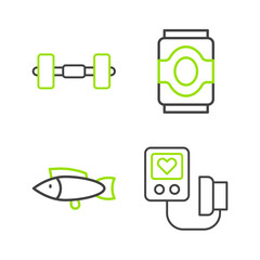 Sticker - Set line Blood pressure, Fish, Soda can and Dumbbell icon. Vector