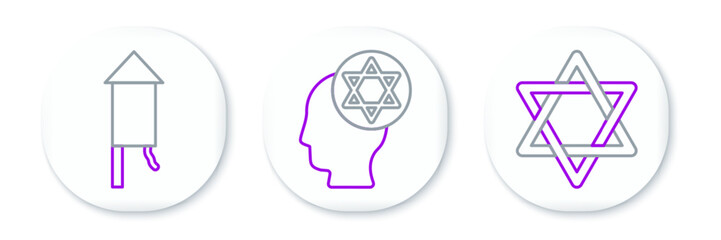 Sticker - Set line Star of David, Firework rocket and Orthodox jewish hat icon. Vector