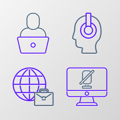 Poster - Set line Mute microphone on computer, Online working, Freelancer and icon. Vector