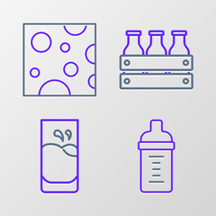 Sticker - Set line Baby milk in a bottle, Glass with, Bottled wooden box and Cheese icon. Vector