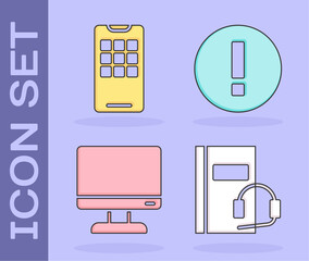 Poster - set audio book, mobile phone, computer monitor screen and information icon. vector