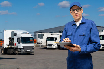 Poster - Manager with a digital tablet next to trucks. Fleet management.
