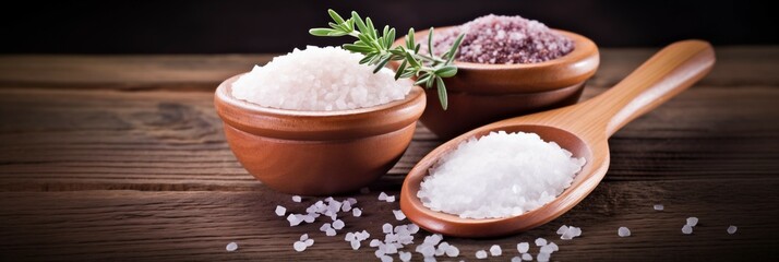 salt in wooden bowl and wooden spoon. 