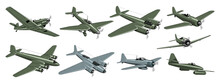 WWII Fighter Planes And Bombers. German And Japanese Vintage Military Airplanes Collection. Vector Cliparts Isolated On White.